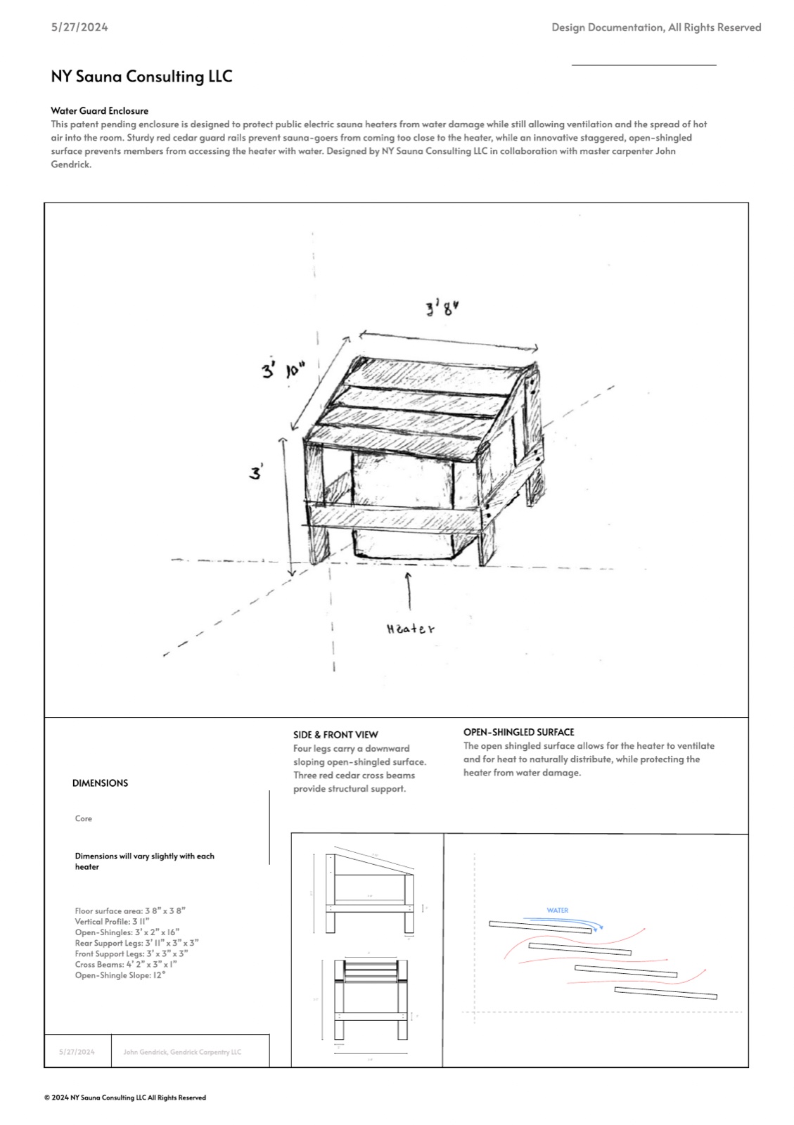 The sauna enclosure design document, drawn to read like a contractor spec